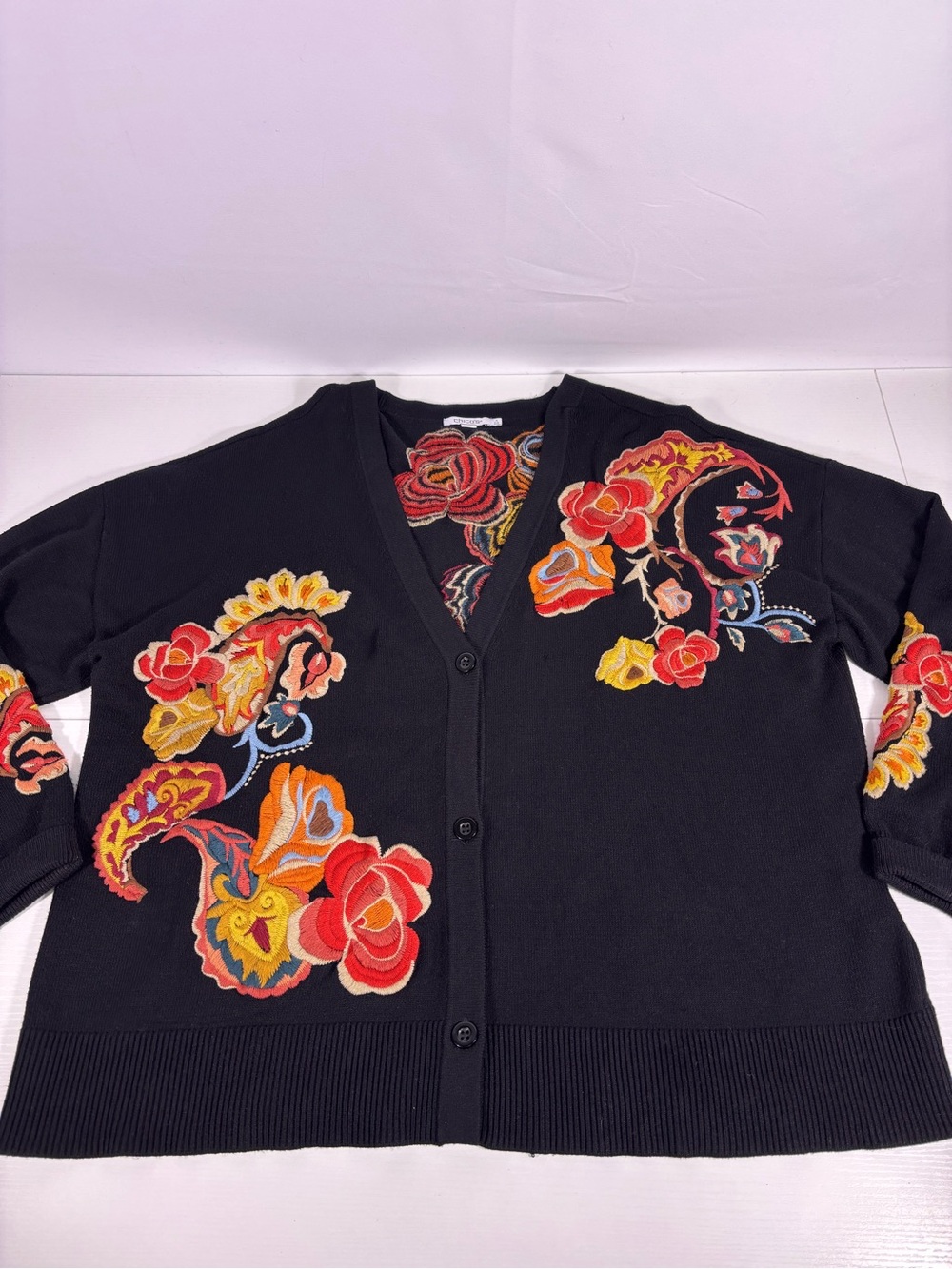 Chico’s Embroidered Floral Cardigan Size 4 Black Boho Statement Sweater XXL